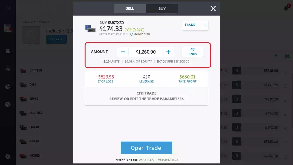 Entering amount to invest on EURO STOXX 50 via eToro